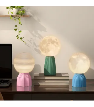 Juego de 3 Lámparas de Mesita de Noche 3D con 3 Colores Brillo Ajustable en 10 Niveles Conexión USB Blanco