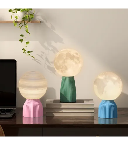 Juego de 3 Lámparas de Mesita de Noche 3D con 3 Colores Brillo Ajustable en 10 Niveles Conexión USB Blanco