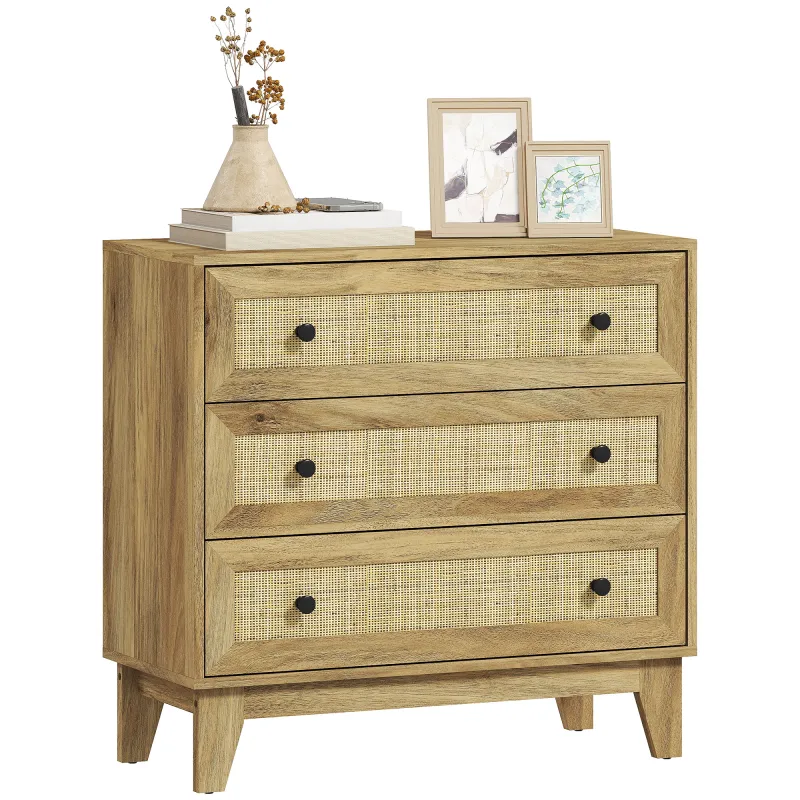 Cómoda con 3 Cajones Cajonera de Madera con Frontales de Ratán Estilo Cannage para Dormitorio 80x35x76 cm Natural
