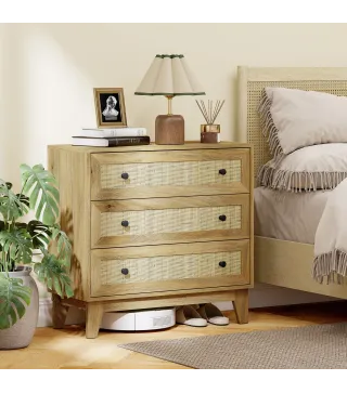 Cómoda con 3 Cajones Cajonera de Madera con Frontales de Ratán Estilo Cannage para Dormitorio 80x35x76 cm Natural
