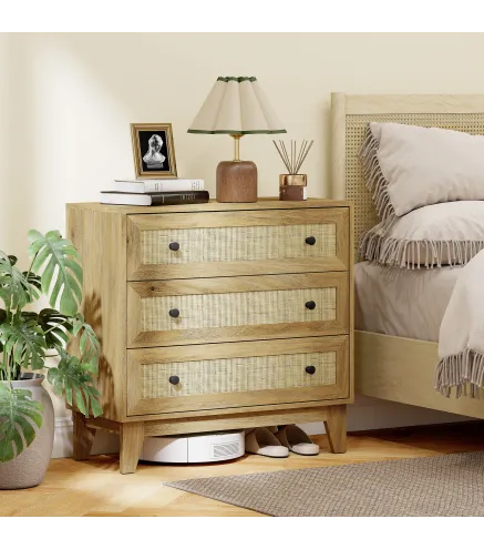 Cómoda con 3 Cajones Cajonera de Madera con Frontales de Ratán Estilo Cannage para Dormitorio 80x35x76 cm Natural
