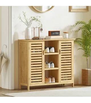 Armario de Almacenaje con 2 Puertas de Bambú de Lamas Estantes y Compartimentos Abiertos 100x33x86 cm Natural