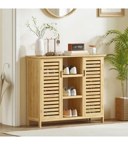 Armario de Almacenaje con 2 Puertas de Bambú de Lamas Estantes y Compartimentos Abiertos 100x33x86 cm Natural