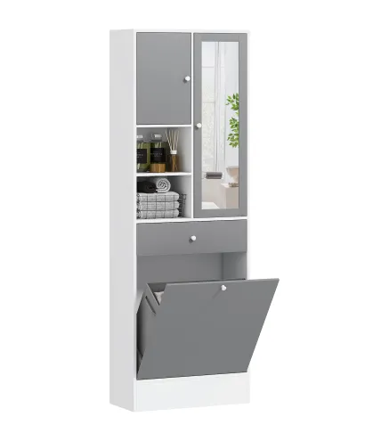 Armario de Baño con Cesto Ropa Sucia Espejo Cajón Compartimentos y Estantes Ajustables 62x28,3x181 cm Blanco y Gris