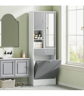 Armario de Baño con Cesto Ropa Sucia Espejo Cajón Compartimentos y Estantes Ajustables 62x28,3x181 cm Blanco y Gris