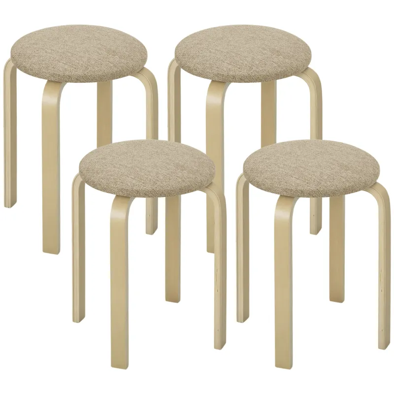 Juego de 4 Taburetes Redondos de Madera Apilables con Asiento Acolchado para Cocina Comedor Dormitorio Caqui