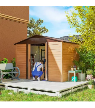 Caseta de Jardín Exterior 4,84m² 278x195x215cm con 2 Puertas y 4 Ventanas para Almacenamiento de Herramientas Natural