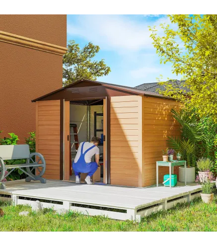Caseta de Jardín Exterior 4,84m² 278x195x215cm con 2 Puertas y 4 Ventanas para Almacenamiento de Herramientas Natural