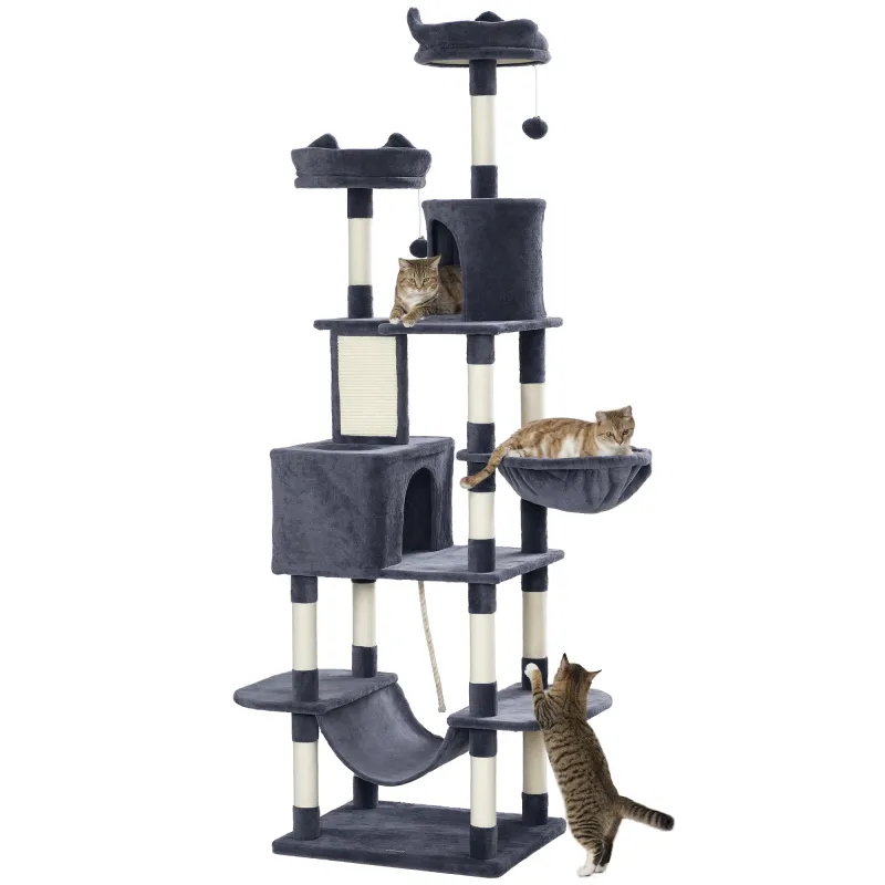 Árbol Rascador para Gatos Grande Altura 206 cm con Múltiples Niveles Cuevas Bolas Colgantes y Hamacas Gris Oscuro