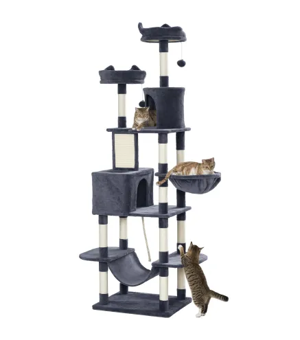 Árbol Rascador para Gatos Grande Altura 206 cm con Múltiples Niveles Cuevas Bolas Colgantes y Hamacas Gris Oscuro