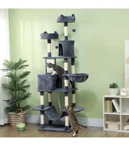 Árbol Rascador para Gatos Grande Altura 206 cm con Múltiples Niveles Cuevas Bolas Colgantes y Hamacas Gris Oscuro
