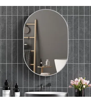 Espejo de Baño Ovalado 60x90 cm Espejo Decorativo de Pared con Marco de Aluminio para Salón Horizontal o Vertical Plata