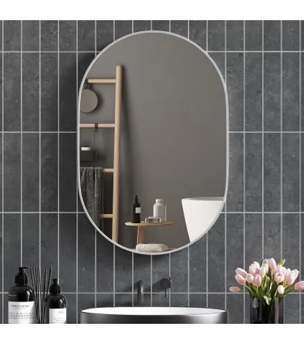 Espejo de Baño Ovalado 60x90 cm Espejo Decorativo de Pared con Marco de Aluminio para Salón Horizontal o Vertical Plata