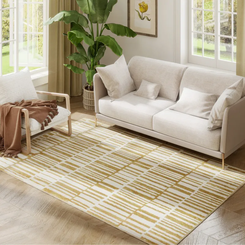 Alfombra Salón 170x120 cm Lavable en Lavadora Pelo Corto Estilo Moderno Tapete para Sala de Estar Dormitorio Crema