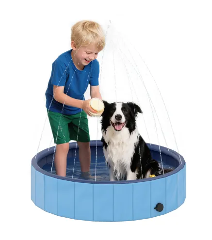 Piscina para Perros Medianos y Pequeños Plegable con Aspersor de PVC Antideslizante Resistente Ø100x30 cm Azul Claro