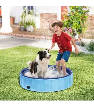 Piscina para Perros Medianos y Pequeños Plegable con Aspersor de PVC Antideslizante Resistente Ø100x30 cm Azul Claro