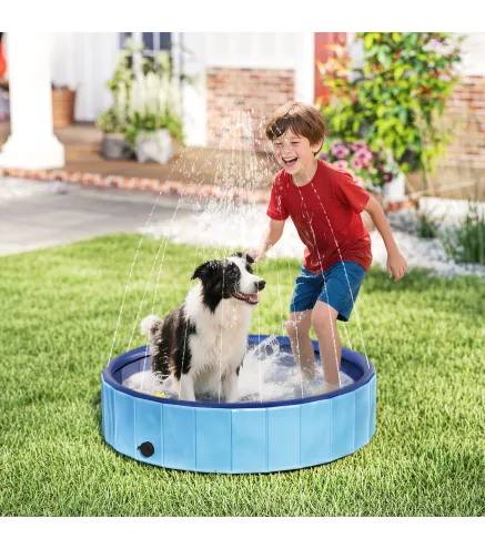 Piscina para Perros Medianos y Pequeños Plegable con Aspersor de PVC Antideslizante Resistente Ø100x30 cm Azul Claro
