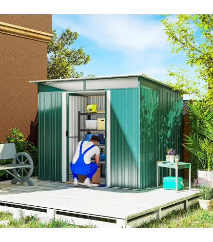 Cobertizo de Jardín Exterior 4,5 m² 260x194x200 cm con Paneles Frontales Transparentes y 2 Puertas Corredizas Verde