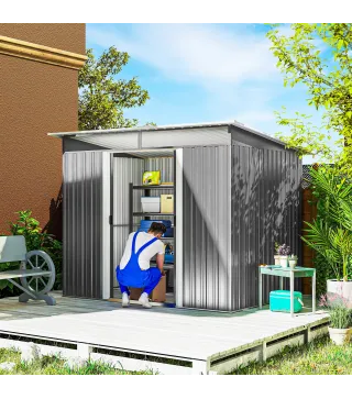 Cobertizo de Jardín Exterior 4,5 m² 260x194x200 cm con Paneles Frontales Transparentes y 2 Puertas Corredizas Gris