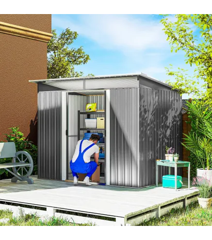 Cobertizo de Jardín Exterior 4,5 m² 260x194x200 cm con Paneles Frontales Transparentes y 2 Puertas Corredizas Gris