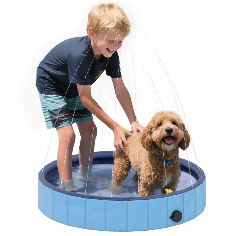 Piscina para Perros Pequeños Plegable con Aspersor de PVC Antideslizante Resistente al Desgaste Ø80x20 cm Azul Claro