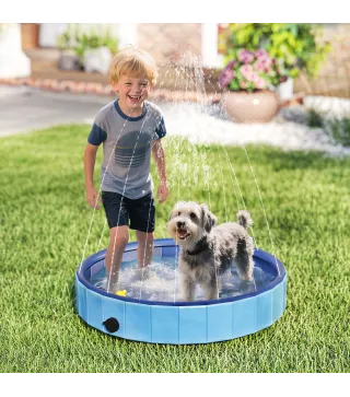 Piscina para Perros Pequeños Plegable con Aspersor de PVC Antideslizante Resistente al Desgaste Ø80x20 cm Azul Claro