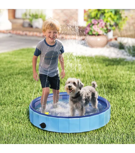 Piscina para Perros Pequeños Plegable con Aspersor de PVC Antideslizante Resistente al Desgaste Ø80x20 cm Azul Claro