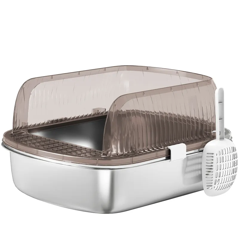 Arenero para Gatos Cubierto con Bandeja de Acero Inoxidable Bordes Altos Pala y Zona para Caída de Arena Gris