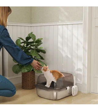 Arenero para Gatos Cubierto Cerrado con Bandeja de Acero Inoxidable Bordes Altos Pala y Zona para Caída de Arena Gris