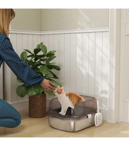 Arenero para Gatos Cubierto Cerrado con Bandeja de Acero Inoxidable Bordes Altos Pala y Zona para Caída de Arena Gris