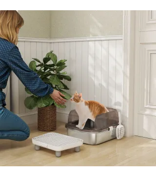 Arenero para Gatos Cubierto con Bandeja de Acero Inoxidable Bordes Altos Pala Peldaño y Zona para Caída de Arena Gris