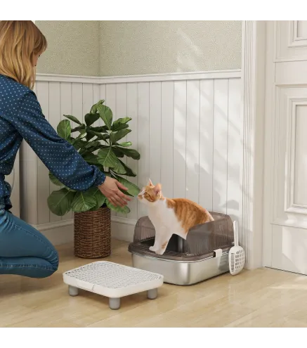Arenero para Gatos Cubierto con Bandeja de Acero Inoxidable Bordes Altos Pala Peldaño y Zona para Caída de Arena Gris