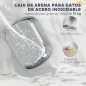 Arenero para Gatos Cubierto con Bandeja de Acero Inoxidable Bordes Altos Pala Peldaño y Zona para Caída de Arena Gris