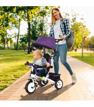 Triciclo Evolutivo para Niños +12 Meses con Toldo Plegable Mango de Empuje Telescópico y Cinturón de Seguridad Violeta