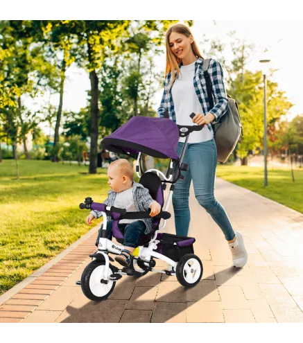 Triciclo Evolutivo para Niños +12 Meses con Toldo Plegable Mango de Empuje Telescópico y Cinturón de Seguridad Violeta