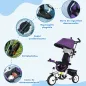 Triciclo Evolutivo para Niños +12 Meses con Toldo Plegable Mango de Empuje Telescópico y Cinturón de Seguridad Violeta