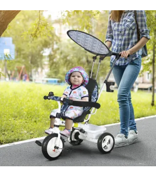 Triciclo para Bebés de +12 Meses con Toldo Plegable Mango de Empuje Telescópico Desmontable y Portabotellas Azul Blanco
