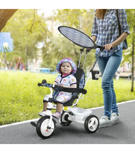 Triciclo para Bebés de +12 Meses con Toldo Plegable Mango de Empuje Telescópico Desmontable y Portabotellas Azul Blanco