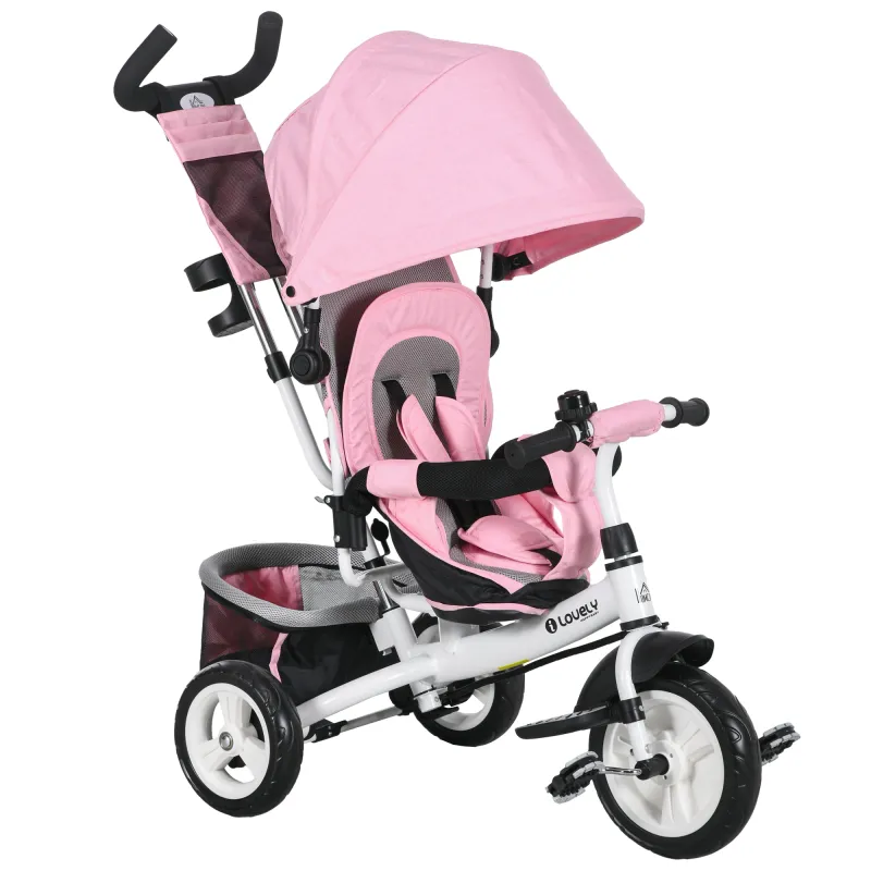 Triciclo para Bebés de +12 Meses con Mango de Empuje Telescópico y Desmontable Bolso para Mamá y Portabotellas Rosa