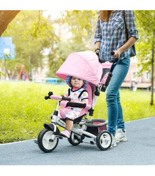 Triciclo para Bebés de +12 Meses con Mango de Empuje Telescópico y Desmontable Bolso para Mamá y Portabotellas Rosa