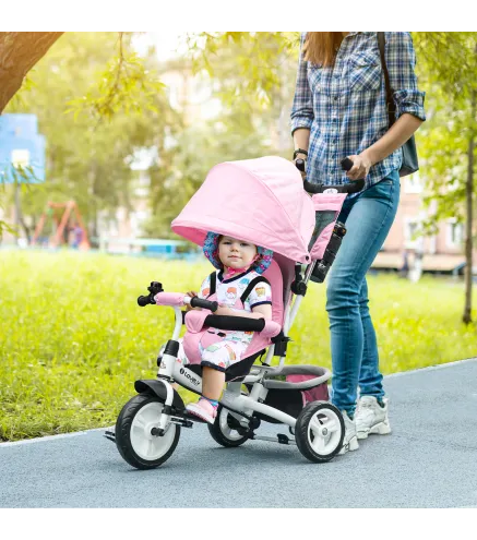 Triciclo para Bebés de +12 Meses con Mango de Empuje Telescópico y Desmontable Bolso para Mamá y Portabotellas Rosa