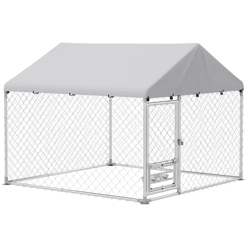 Perrera de Acero Galvanizado con Toldo Resistente y Estación de Alimentación para Perros 200x200x154 cm Plata Perrera de Acero Galvanizado con Toldo Resistente y Estación de Alimentación para Perros 200x200x154 cm Plata