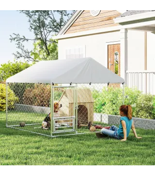 Perrera de Acero Galvanizado con Toldo Resistente y Estación de Alimentación para Perros 200x200x154 cm Plata