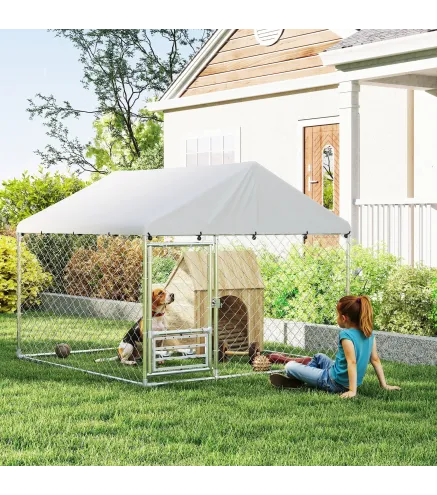 Perrera de Acero Galvanizado con Toldo Resistente y Estación de Alimentación para Perros 200x200x154 cm Plata