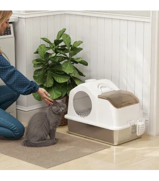 Arenero para Gatos Cubierto con Bandeja de Acero Inoxidable Tapa Extraíble Bordes Altos Fácil de Limpiar Blanco