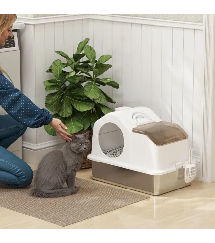 Arenero para Gatos Cubierto con Bandeja de Acero Inoxidable Tapa Extraíble Bordes Altos Fácil de Limpiar Blanco