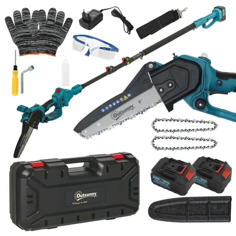 Mini Motosierra Bateria 8 Pulgadas 6000mAh con 580W Motor sin Escobillas 2 Baterías Palo Telescópico para Podar Árboles