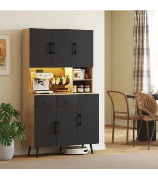 Alacena de Cocina con Luces LED RGB con 6 Puertas 2 Cajones Encimera y Orificio para Cables 100x40x176 cm Negro y Roble