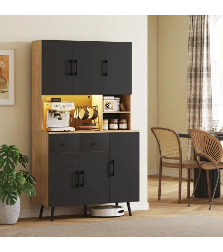 Alacena de Cocina con Luces LED RGB con 6 Puertas 2 Cajones Encimera y Orificio para Cables 100x40x176 cm Negro y Roble