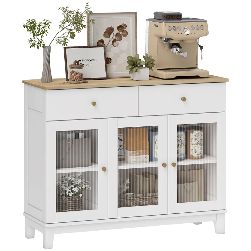 Aparador para Salón Moderno con 3 Puertas de Vidrio Estriado 2 Cajones y Estantes Ajustables 100x35x80,3 cm Blanco